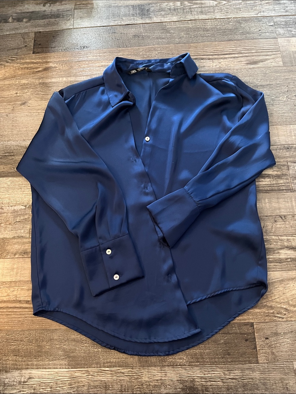 Zara Deep Navy Satin Button-Down Blouse